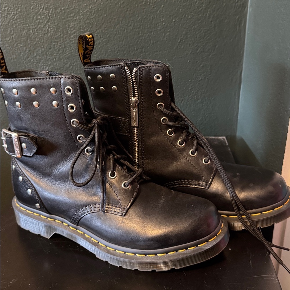 Dr. Martens Black Leather Lace-Up Boots Studded Zip Side Size 10